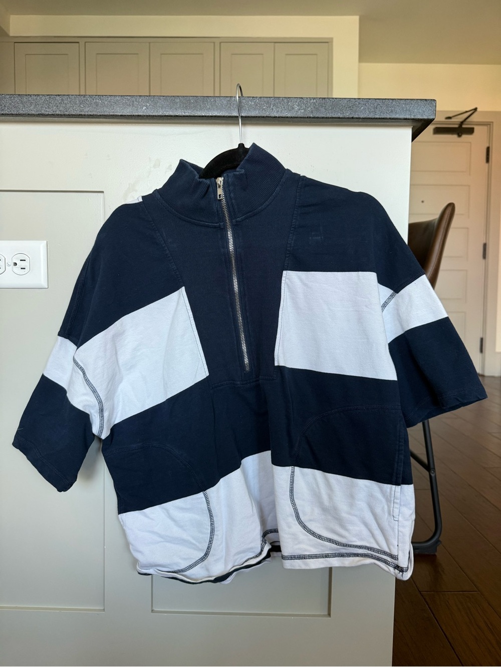 Amazon Navy and White Short-Sleeve Half-Zip Colorblock Pullover